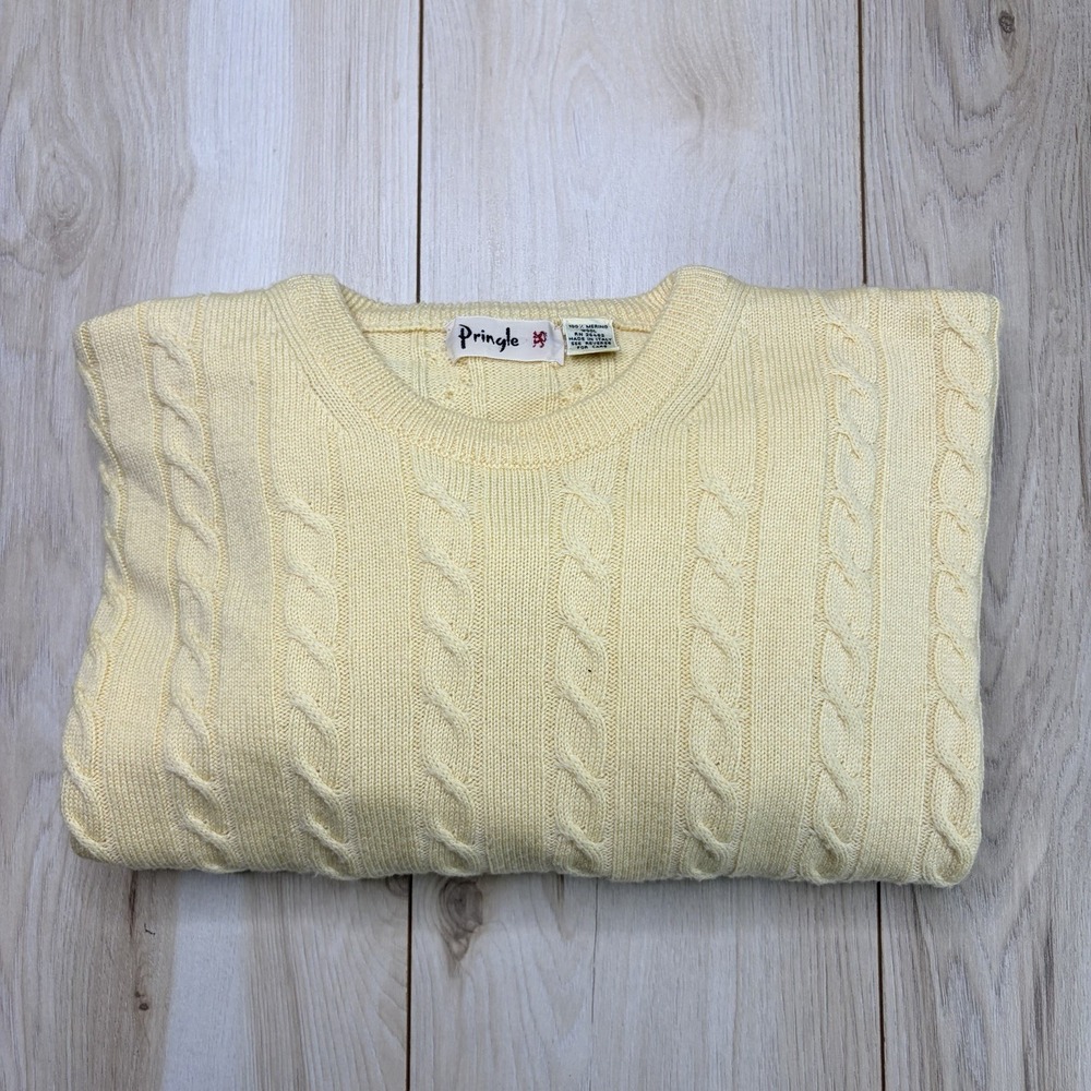 Pringle Mens Pullover Crewneck 100% Merino Wool Cable Knit Sweater Yellow Sz XL